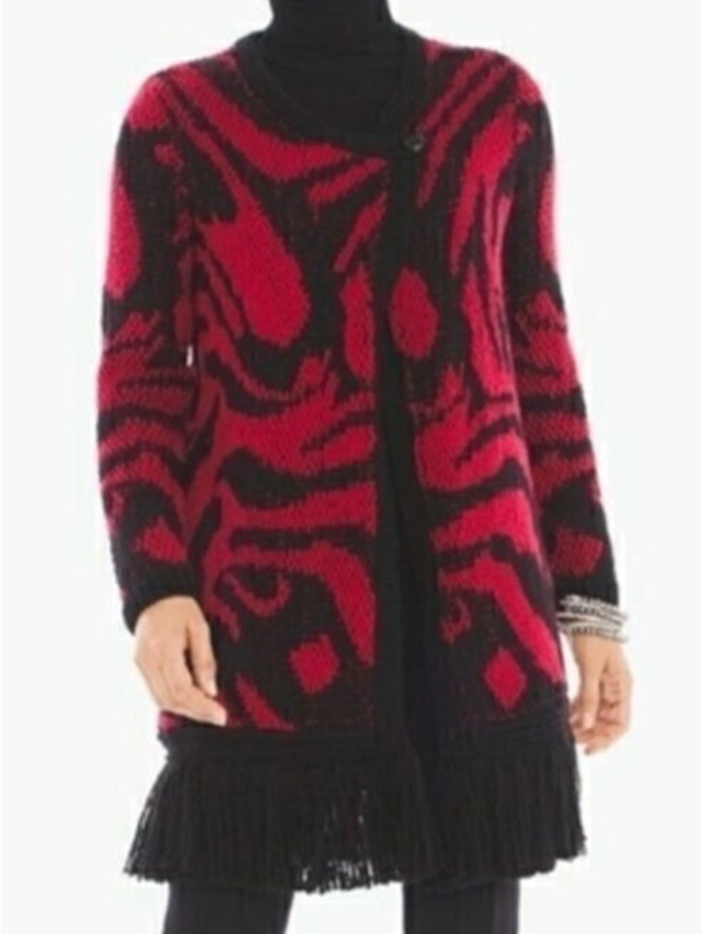 Chico's Red and Black Patterned Fringe cardigan thick sweater medium (size 1)